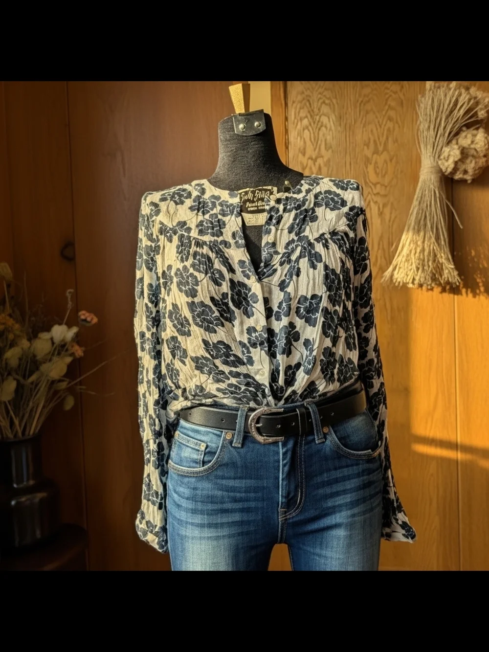 LOFT Blue Cream Floral Crinkle Cotton Gauze Blouse Boho Peasant Top Hi-Lo Size S - Picture 1 of 8